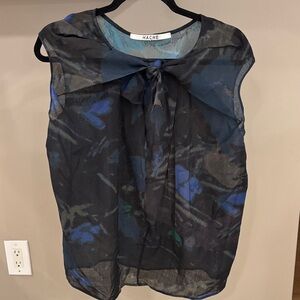 Hache Sheer Abstract Print Tie Neck Blouse Silk Blend Brown Blue Size S